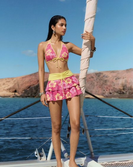Felix 2 Pcs Swimsuit With Mini Skirt - front full-length shot, pink floral with yellow trim - Miss Mosa By Akanksha