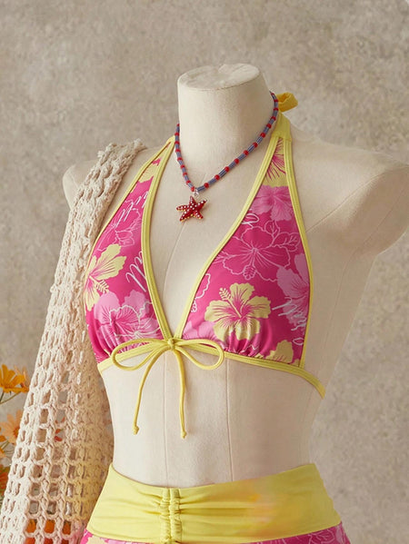 Felix 2 Pcs Swimsuit With Mini Skirt - neckline close-up shot, pink floral with yellow trim - Miss Mosa By Akanksha