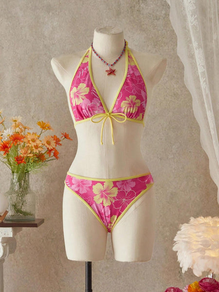 Felix 2 Pcs Swimsuit With Mini Skirt - front mannequin shot, pink floral with yellow trim - Miss Mosa By Akanksha