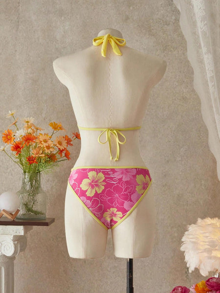 Felix 2 Pcs Swimsuit With Mini Skirt - back mannequin shot, pink floral with yellow trim - Miss Mosa By Akanksha
