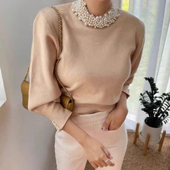 Femella Pearl Detail Luxe Sweater - front shot on model, beige - Miss Mosa By Akanksha