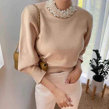 Femella Pearl Detail Luxe Sweater - front shot on model, beige - Miss Mosa By Akanksha