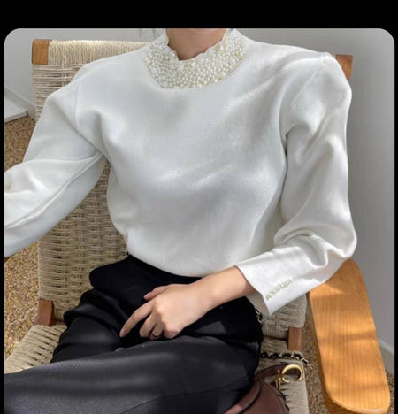 Femella Pearl Detail Luxe Sweater - front shot on model, white - Miss Mosa By Akanksha