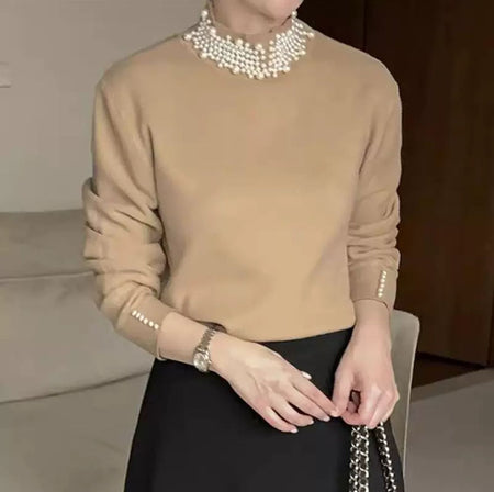 Femella Pearl Detail Luxe Sweater - front shot on model, beige - Miss Mosa By Akanksha