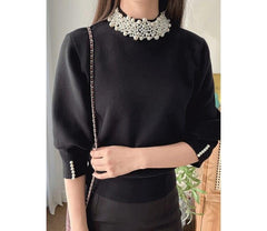 Femella Pearl Detail Luxe Sweater - front shot on model, black - Miss Mosa By Akanksha