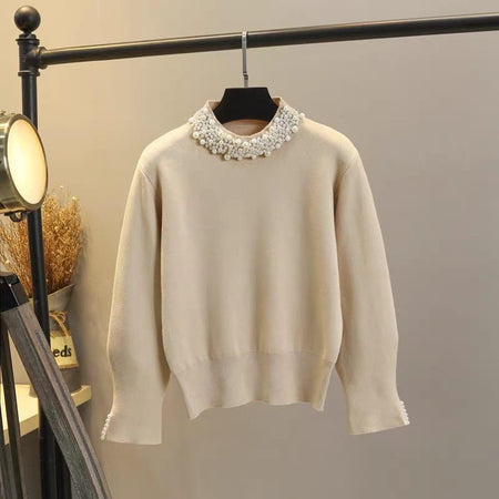 Femella Pearl Detail Luxe Sweater - front shot on hanger, beige - Miss Mosa By Akanksha