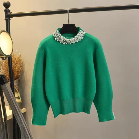 Femella Pearl Detail Luxe Sweater - front shot on hanger, green - Miss Mosa By Akanksha