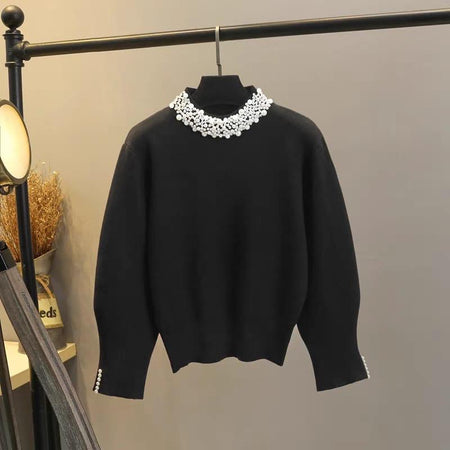 Femella Pearl Detail Luxe Sweater - front shot on hanger, black - Miss Mosa By Akanksha