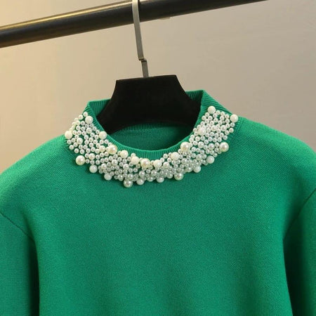 Femella Pearl Detail Luxe Sweater - close-up of pearl neckline, green - Miss Mosa By Akanksha