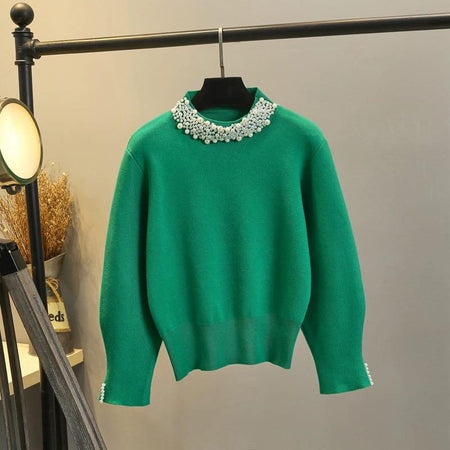 Femella Pearl Detail Luxe Sweater - front shot on hanger, green - Miss Mosa By Akanksha