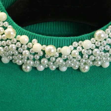 Femella Pearl Detail Luxe Sweater - close-up of pearl neckline, green - Miss Mosa By Akanksha