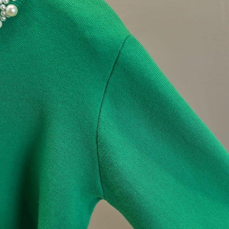 Femella Pearl Detail Luxe Sweater - close-up of sleeve, green - Miss Mosa By Akanksha
