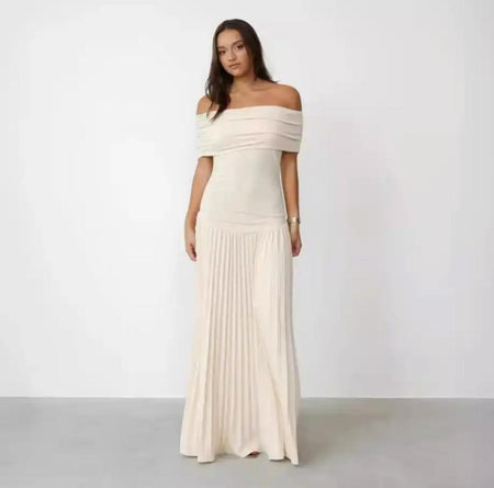 Femi Offshoulder Pleated Maxi Dress In Off-White - full-length shot on model - Miss Mosa By Akanksha
