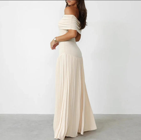 Femi Offshoulder Pleated Maxi Dress In Off-White - side shot on model - Miss Mosa By Akanksha