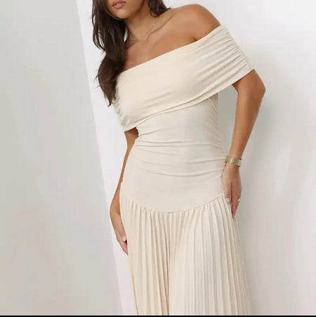 Femi Offshoulder Pleated Maxi Dress In Off-White - front shot on model - Miss Mosa By Akanksha