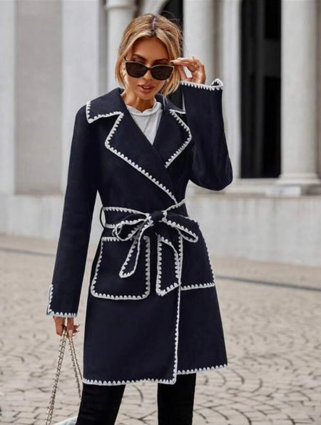 Ferria Oversized Woolen Long Overcoat - front shot on model outdoors, navy - Miss Mosa By Akanksha