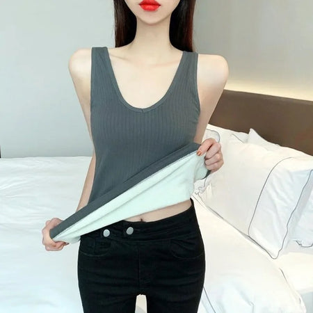 Fia Warm Tank Tops with Fleece Lining - front shot on model showing fleece lining, grey - Miss Mosa By Akanksha