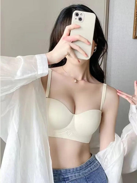 Fila Luxe Seamless Bralettes - Detachable Straps - front shot on model, cream - Miss Mosa By Akanksha