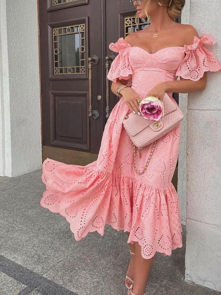 Filicia Eyelet Cotton Dress In Pink - full-length shot on model - Miss Mosa By Akanksha
