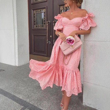 Filicia Eyelet Cotton Dress In Pink - front shot on model - Miss Mosa By Akanksha