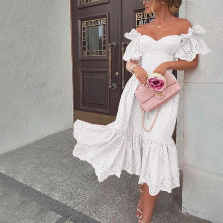 Filicia Eyelet Cotton Dress In White - full-length shot on model - Miss Mosa By Akanksha