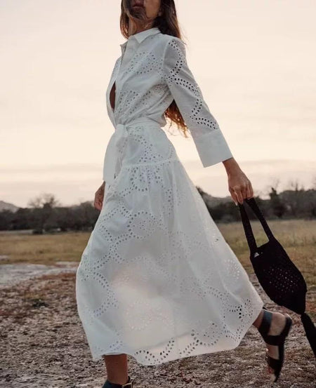 Filly Cotton Eyelet Summer Midi Dress In White - full-length side shot on model outdoors - Miss Mosa By Akanksha