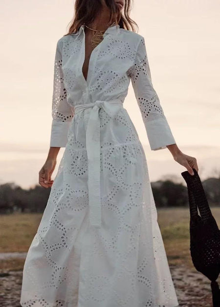 Filly Cotton Eyelet Summer Midi Dress In White - front styling shot on model outdoors - Miss Mosa By Akanksha