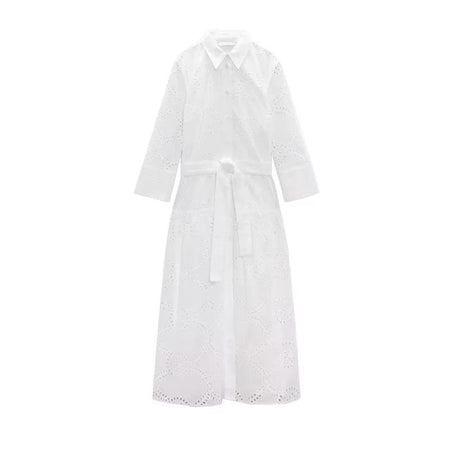 Filly Cotton Eyelet Summer Midi Dress In White - front shot on hanger - Miss Mosa By Akanksha
