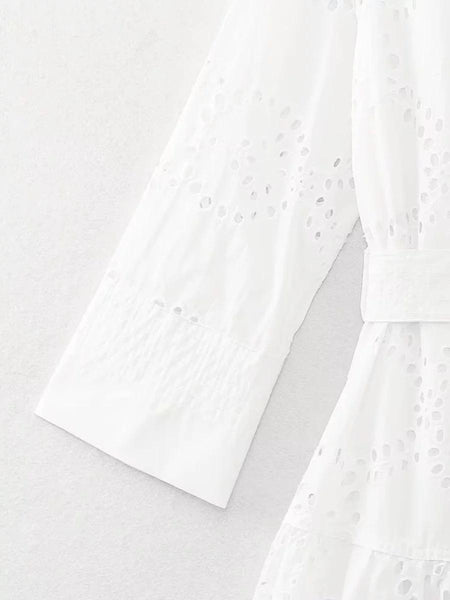 Filly Cotton Eyelet Summer Midi Dress In White - close-up of eyelet sleeve - Miss Mosa By Akanksha