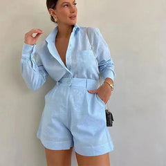 Filo Summer Two Piece Linen Coord Set - front shot on model, blue - Miss Mosa By Akanksha