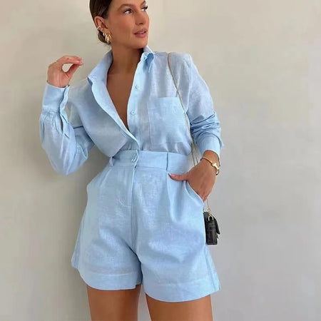 Filo Summer Two Piece Linen Coord Set - front shot on model, blue - Miss Mosa By Akanksha