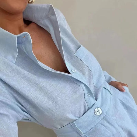 Filo Summer Two Piece Linen Coord Set - close-up shot on model, blue - Miss Mosa By Akanksha