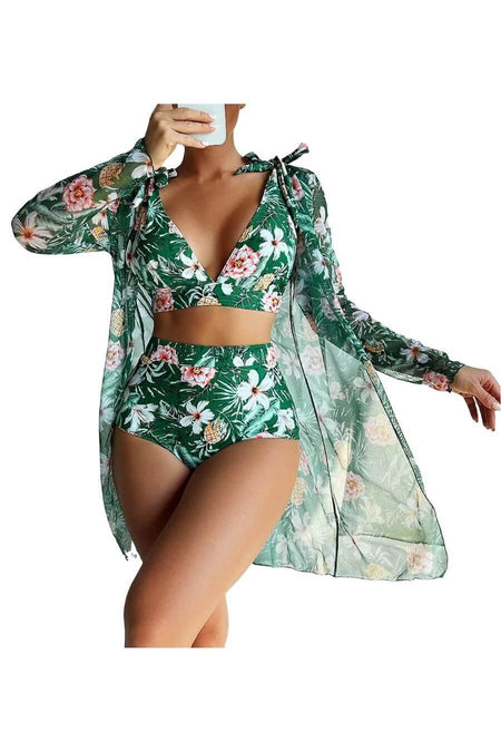 Fino Holiday Bikini Set with Cape - front shot on model, green - Miss Mosa By Akanksha