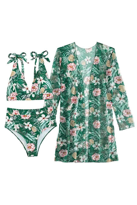 Fino Holiday Bikini Set with Cape - flat-lay product shot, green - Miss Mosa By Akanksha