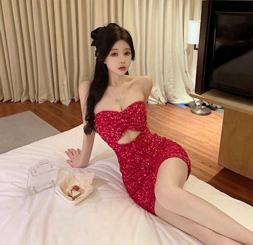 Fiona Sequinned Party Dress In Red