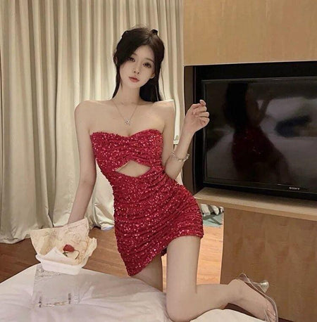 Fiona Sequinned Party Dress In Red - front shot on model, red - Miss Mosa By Akanksha
