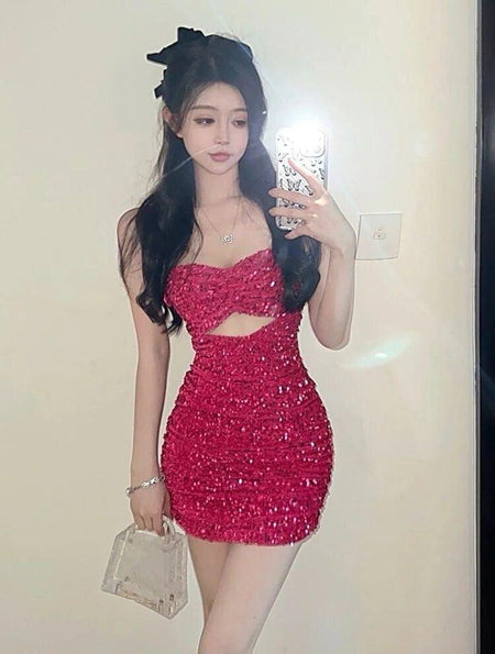 Fiona Sequinned Party Dress In Red - full-length shot on model, red - Miss Mosa By Akanksha