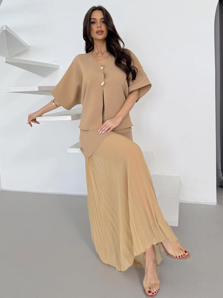 Fiora Knitted Coord Set - full-length shot on model, beige - Miss Mosa By Akanksha
