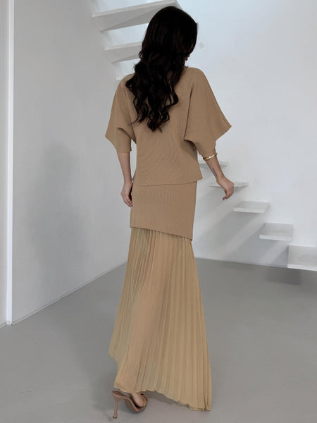 Fiora Knitted Coord Set - back shot on model, beige - Miss Mosa By Akanksha