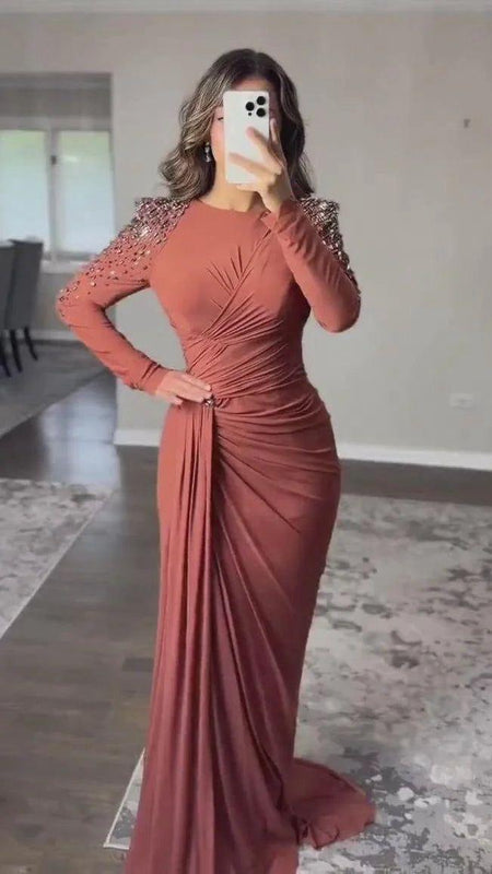 Fiore Embellished Slit Maxi Dress - front shot on model, terracotta - Miss Mosa By Akanksha