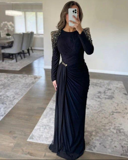 Fiore Embellished Slit Maxi Dress - front shot on model, black - Miss Mosa By Akanksha