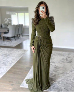 Fiore Embellished Slit Maxi Dress - front shot on model, olive green - Miss Mosa By Akanksha