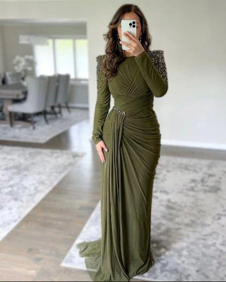 Fiore Embellished Slit Maxi Dress - front shot on model, olive green - Miss Mosa By Akanksha
