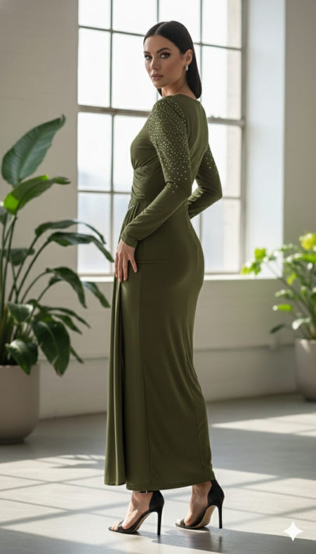 Fiore Embellished Slit Maxi Dress - back shot on model, olive green - Miss Mosa By Akanksha