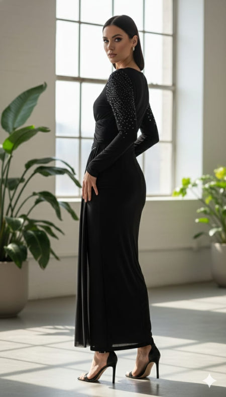 Fiore Embellished Slit Maxi Dress - back shot on model, black - Miss Mosa By Akanksha