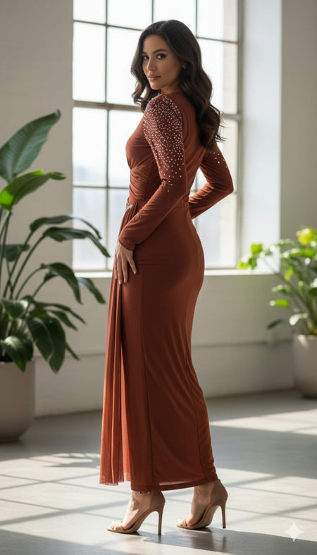Fiore Embellished Slit Maxi Dress - back shot on model, terracotta - Miss Mosa By Akanksha