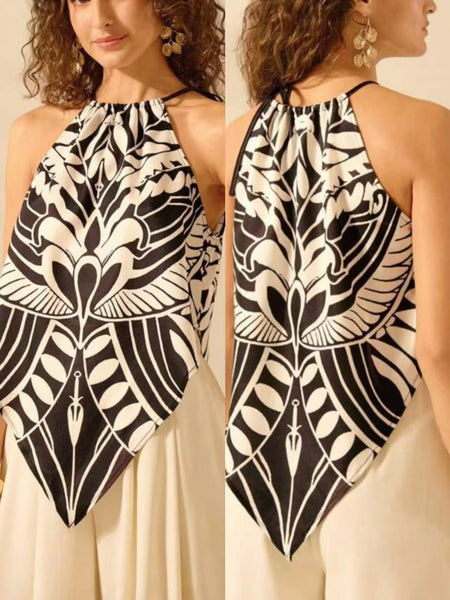 Fiorella Abstract Halterneck Top In Black - front and back close-up shot on model - Miss Mosa By Akanksha