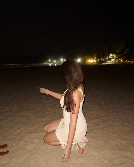 Fiorella Crochet Holiday Mini Dress - back shot, cream with crystal starfish embellishment - Miss Mosa By Akanksha