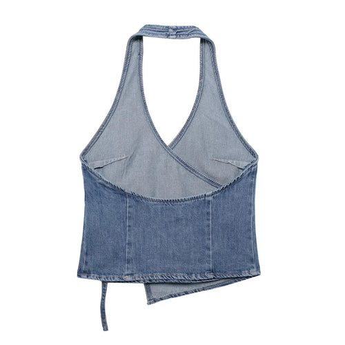 Fiyo Denim Knot Up Tops In Blue