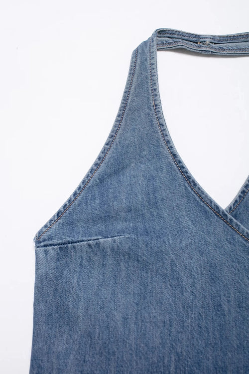 Fiyo Denim Knot Up Tops In Blue